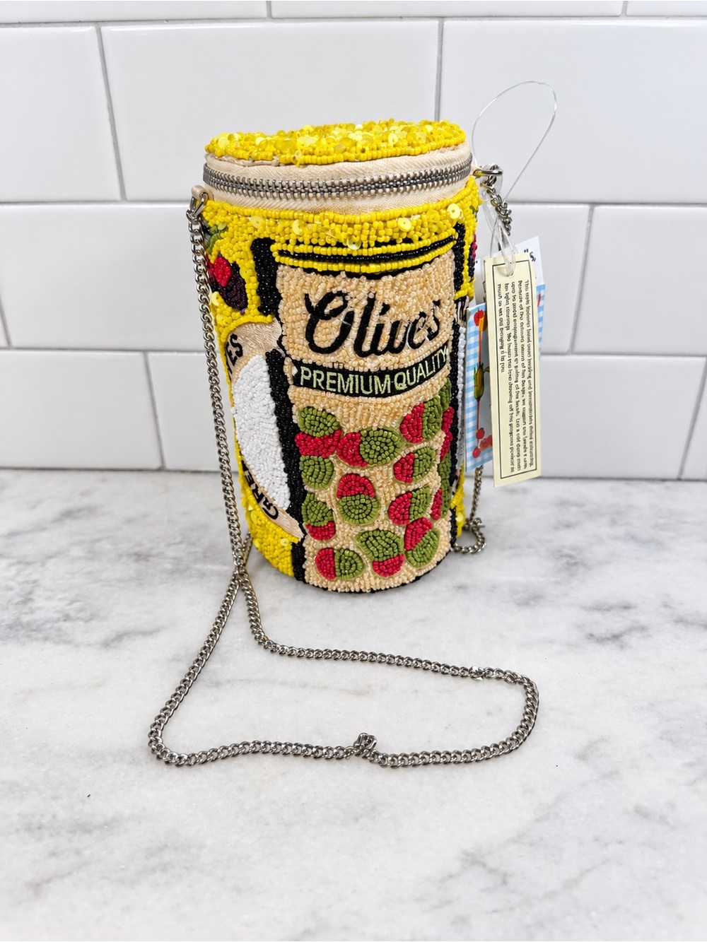 Made In India Yellow Beaded Olive Can Crossbody Purse W/charm Silver Chain NWT